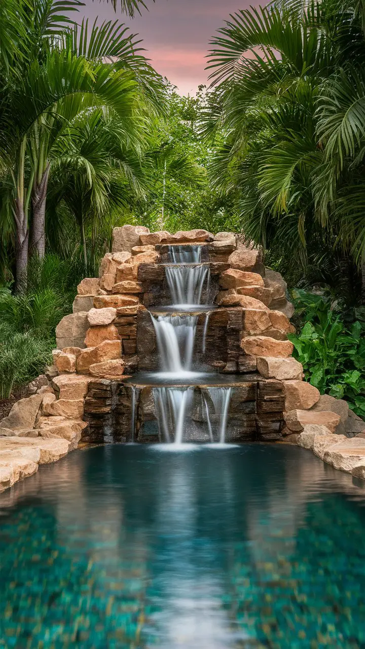 Tropical Backyard Ideas with Water Feature