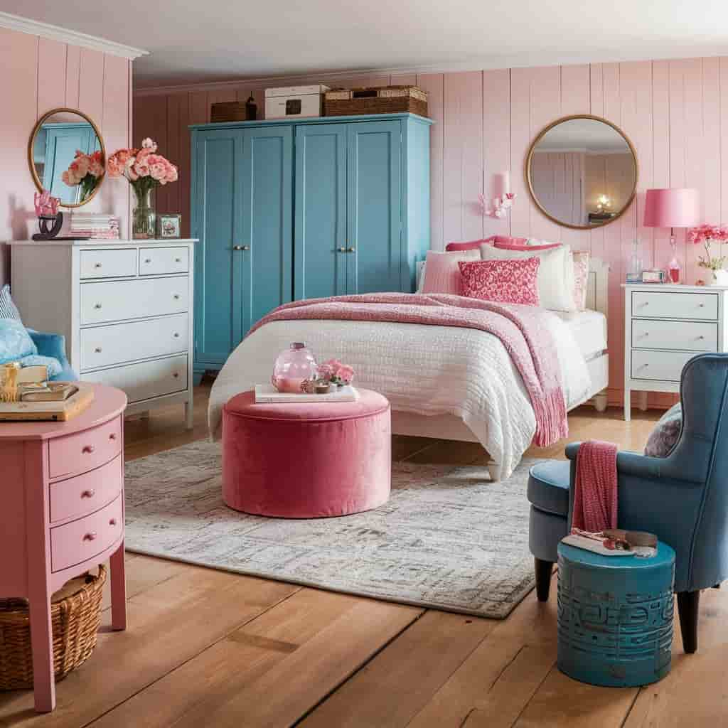 Pink and Blue Bedroom with Furniture Choices