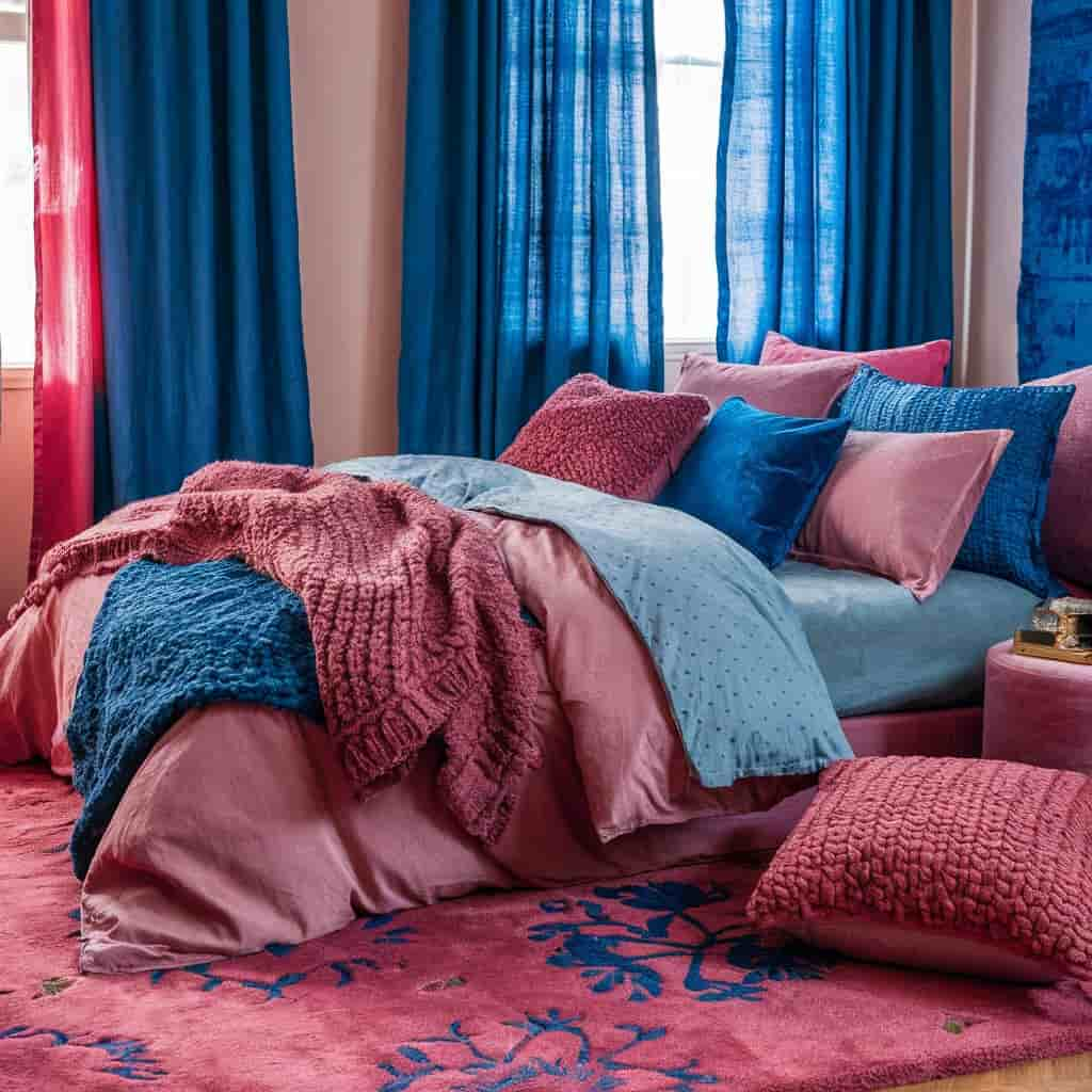 Pink and Blue Bedroom with Textiles and Fabrics