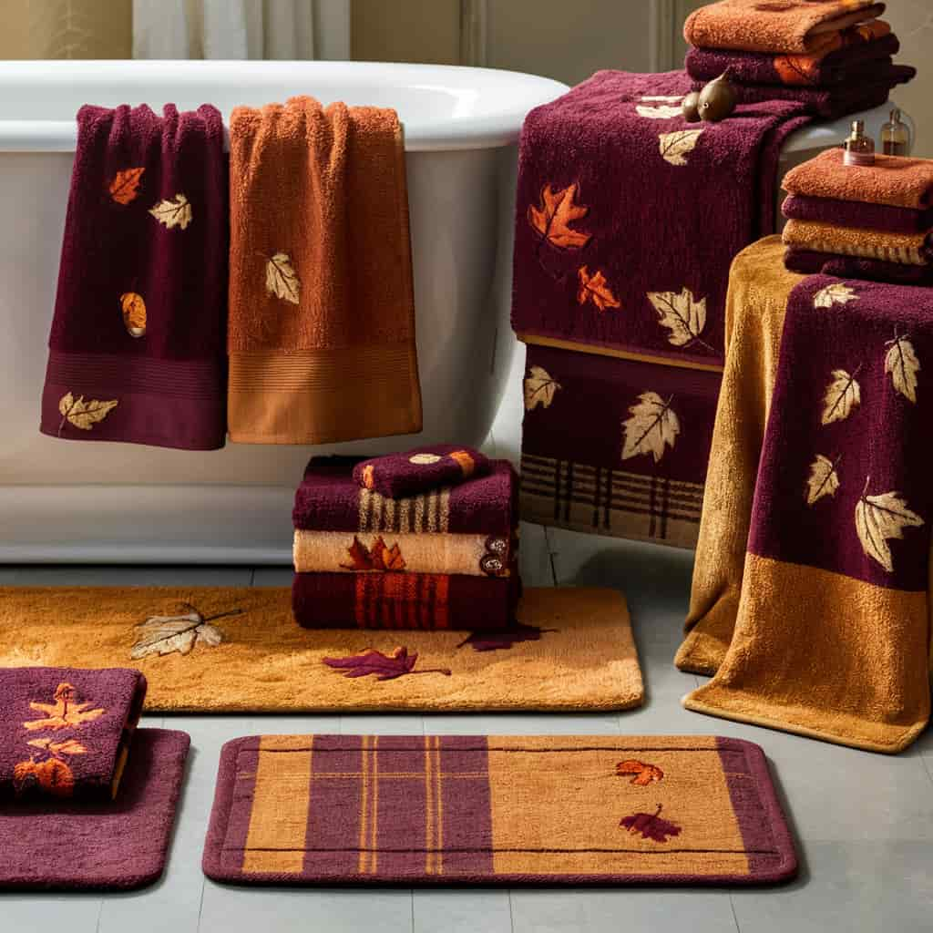 Fall Bathroom Decor with Autumnal Towels and Bathmats