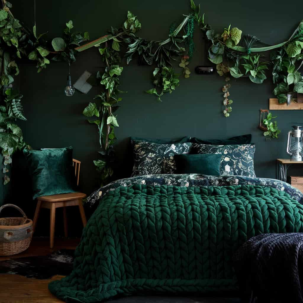 Dark Cottagecore Bedroom with Luxurious Textiles