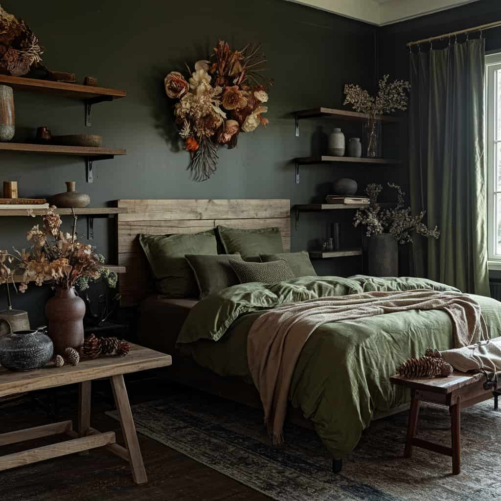 Dark Cottagecore Bedroom with Nature-Inspired Decor