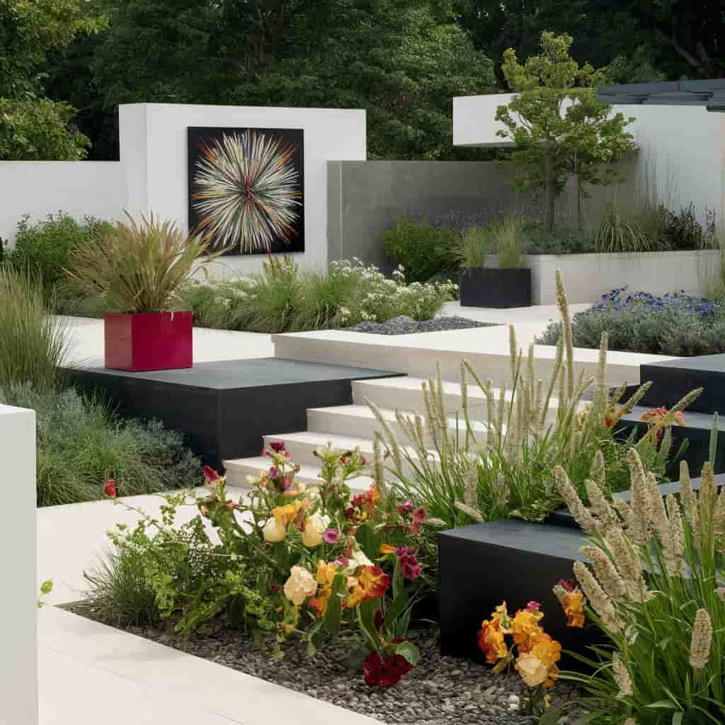 Modern Garden Design with Neutral Palette with Bold Accents