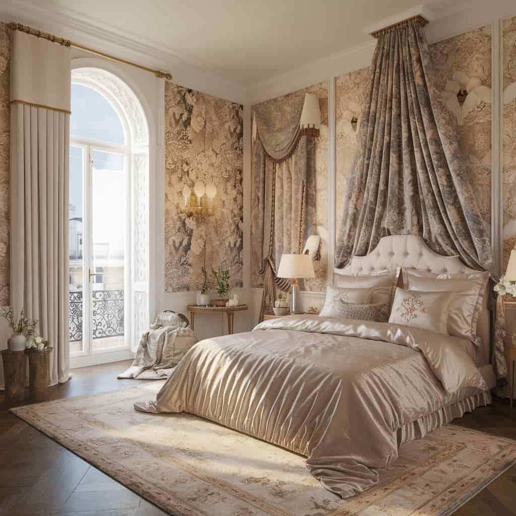 Parisian bedroom decor with Luxurious Textiles