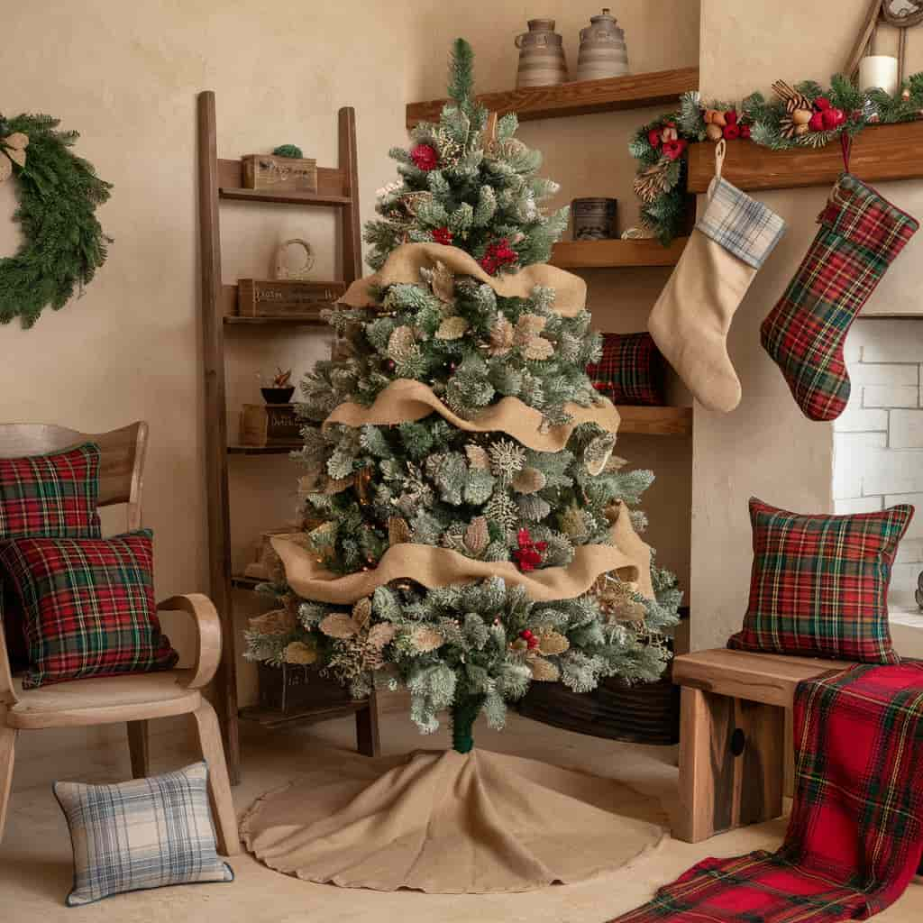 Rustic Christmas decor with Burlap and Plaid Accents