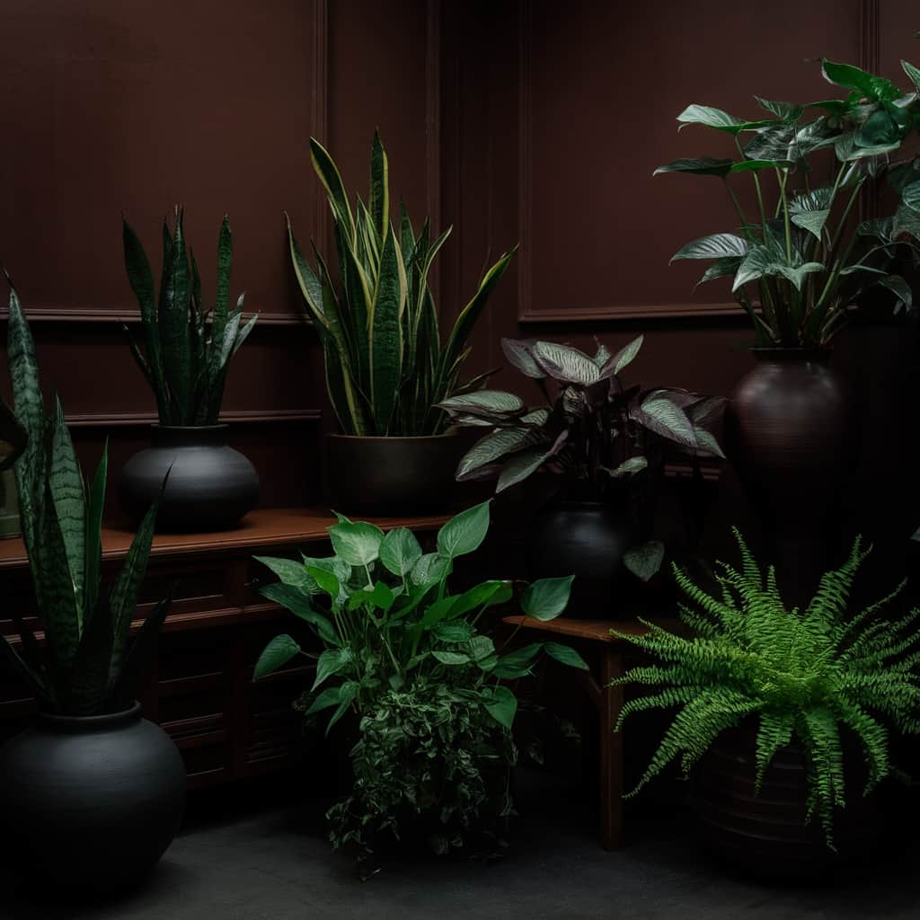 Dark Earthy Bedroom with Greenery with Dark Pots