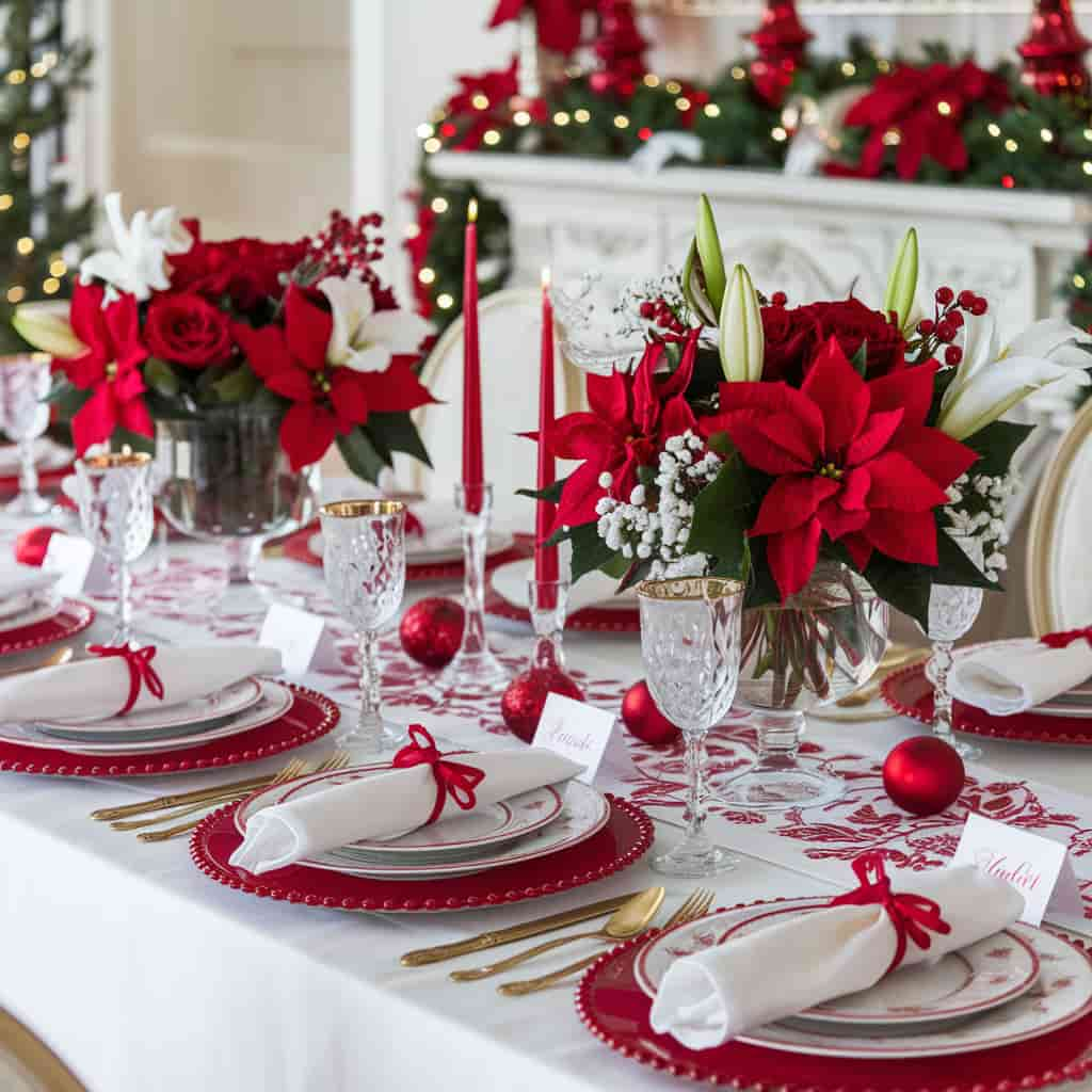 Red and White Christmas Decor with Table Setting