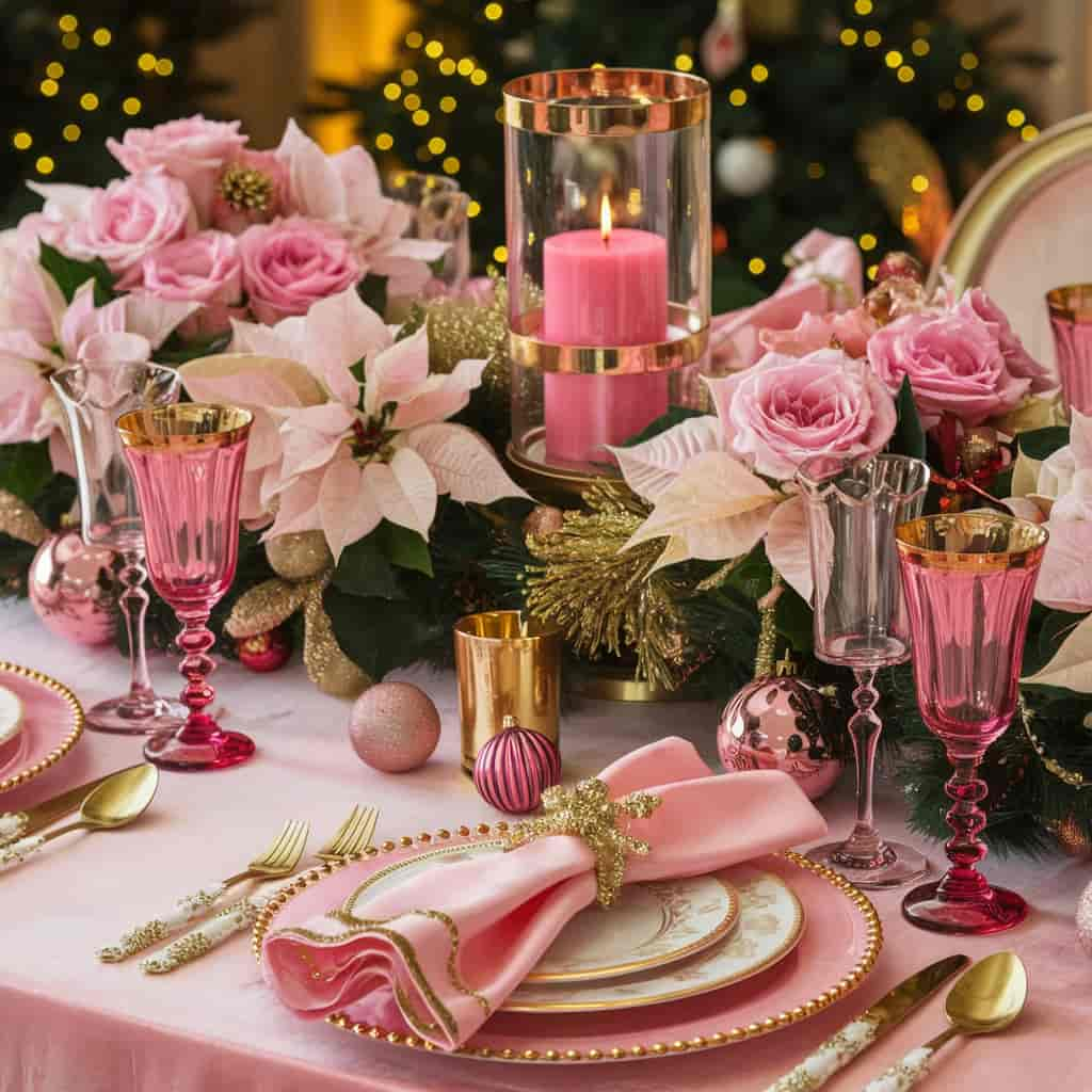 Pink Christmas Decor with Pink and Gold Table Setting