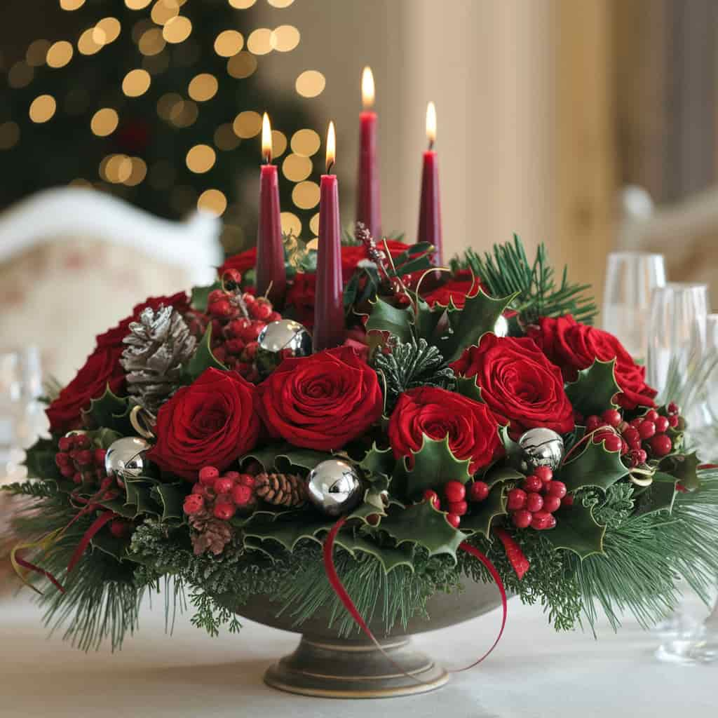 Christmas Flower Arrangements with Red Roses and Pine Centerpiece