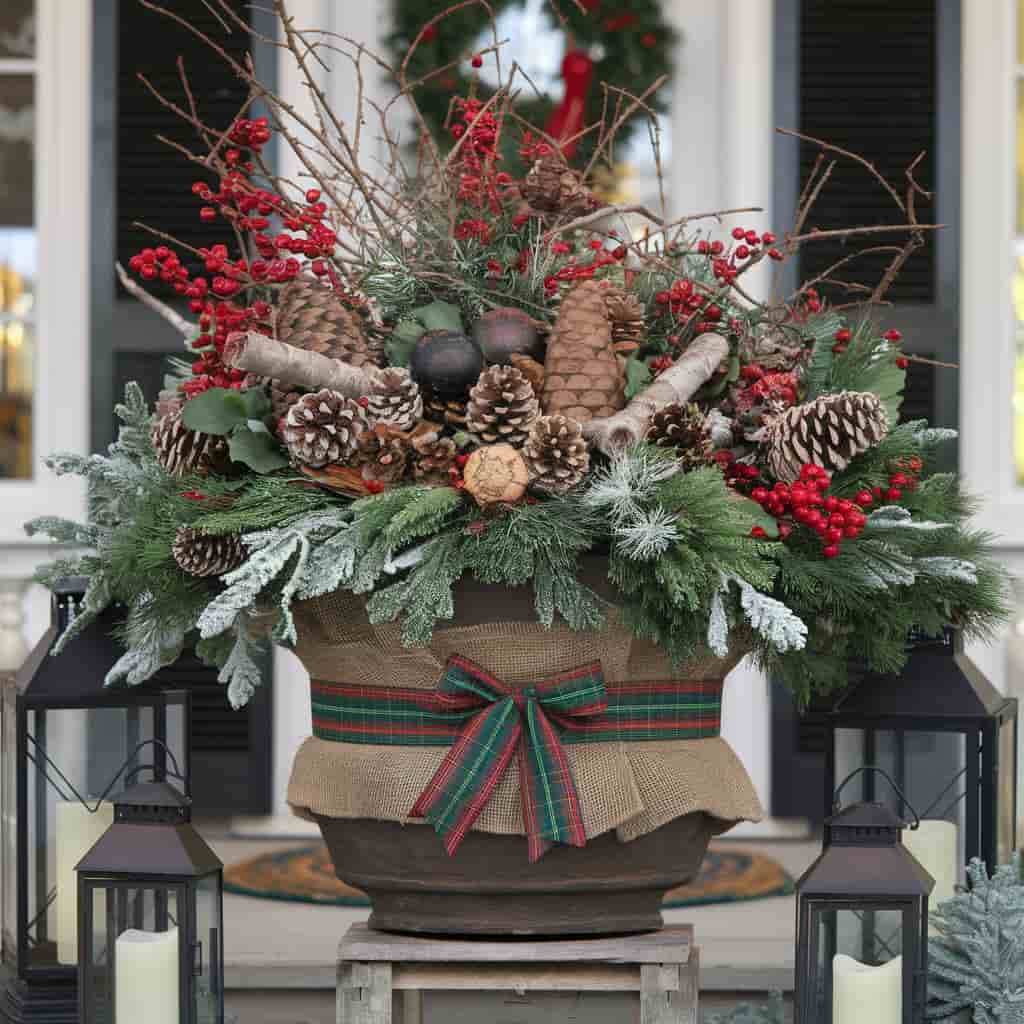 Outdoor Christmas Planters with Rustic Charm