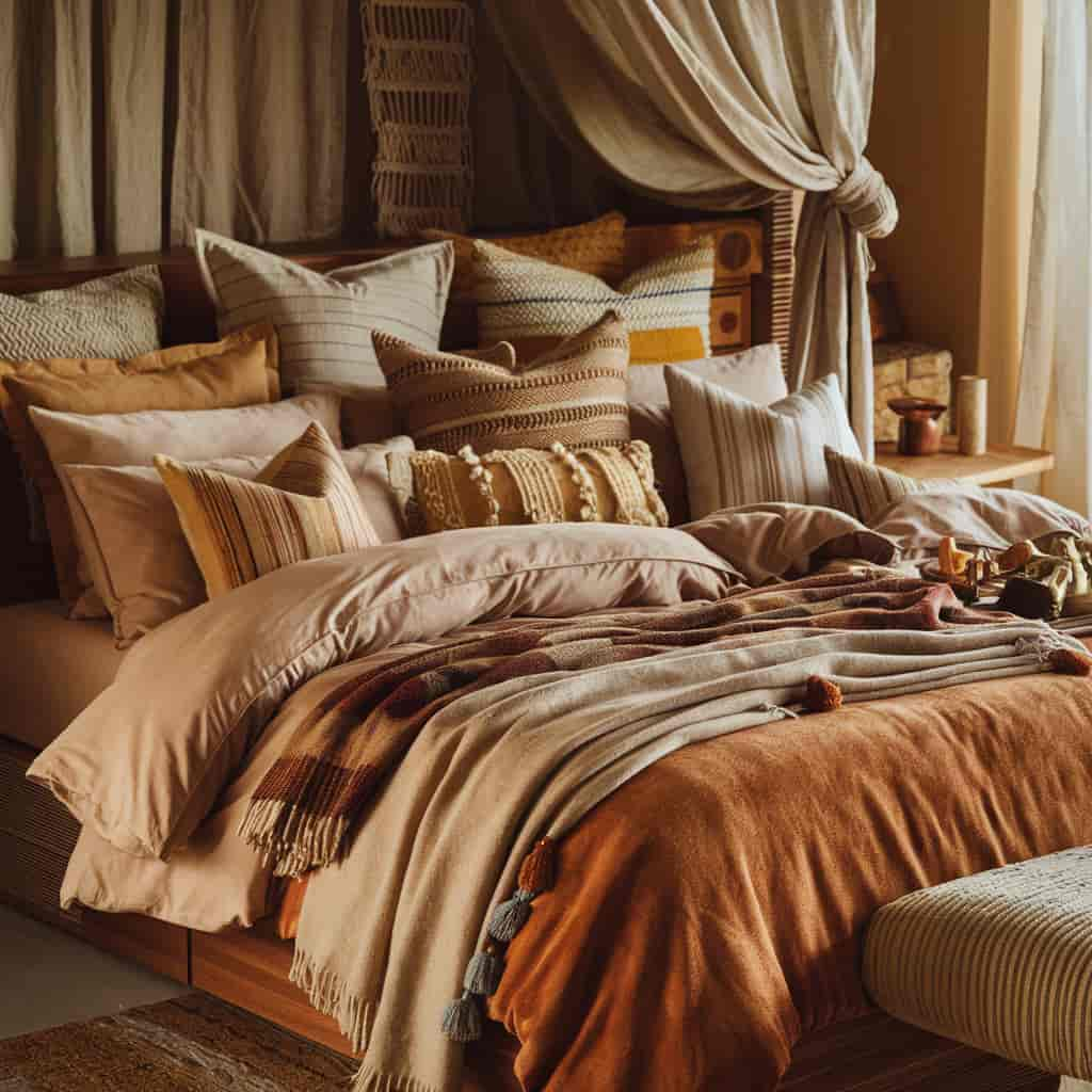 Warm Bedroom with Layered Bedding and Throws