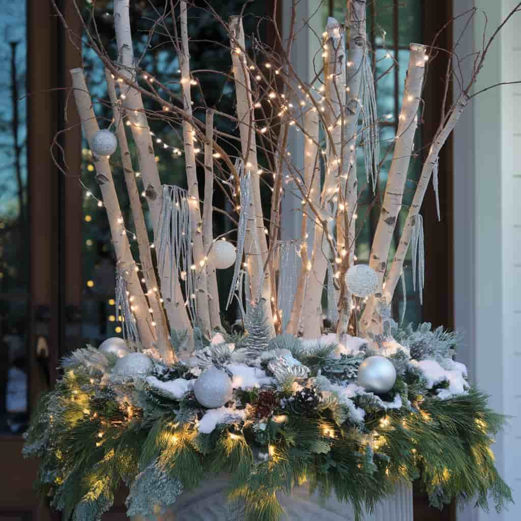 Outdoor Christmas Planters with Winter Birch Branches